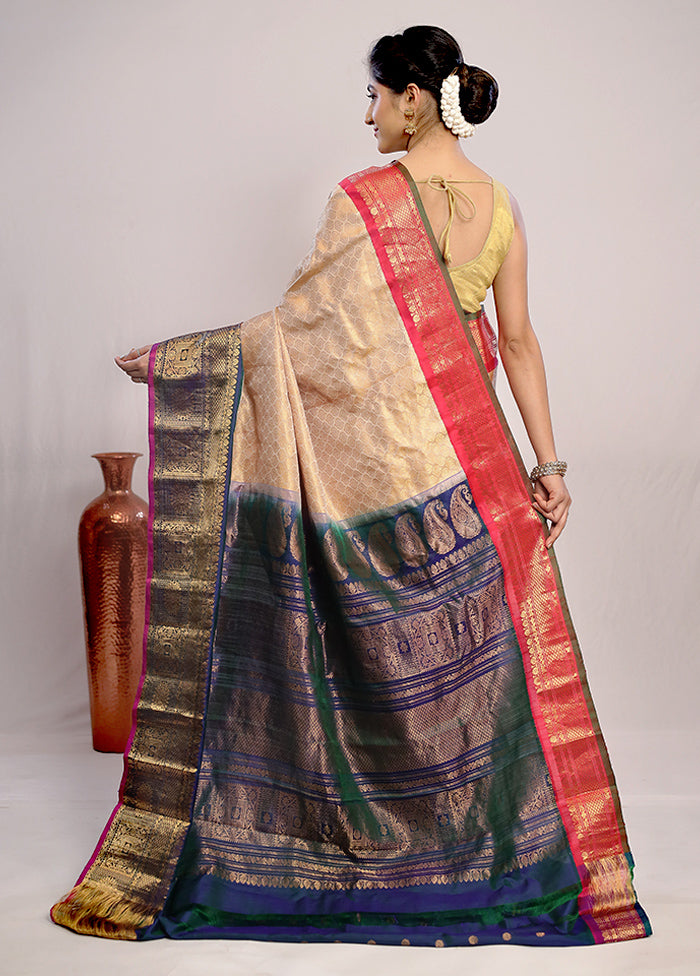 Cream Gadwal Pure Silk Saree Without Blouse Piece - Indian Silk House Agencies