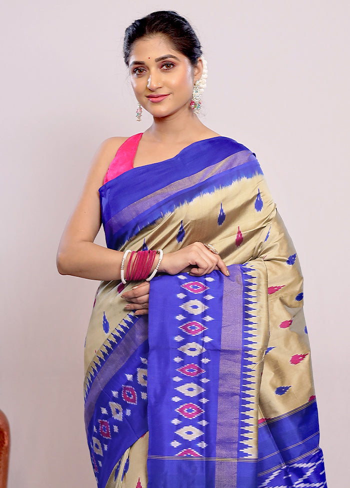 Cream Ikkat Pure Silk Saree With Blouse Piece - Indian Silk House Agencies