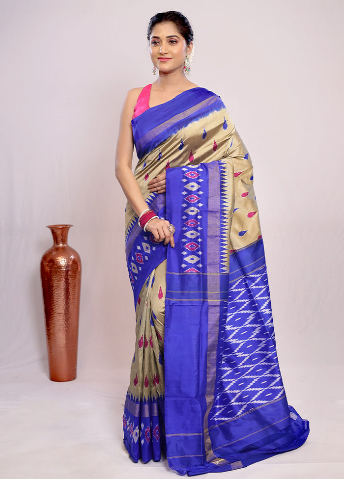 Cream Ikkat Pure Silk Saree With Blouse Piece - Indian Silk House Agencies