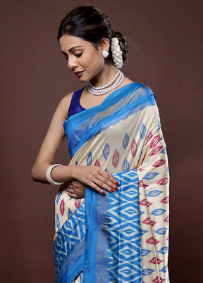 Cream Ikkat Pure Silk Saree With Blouse Piece - Indian Silk House Agencies