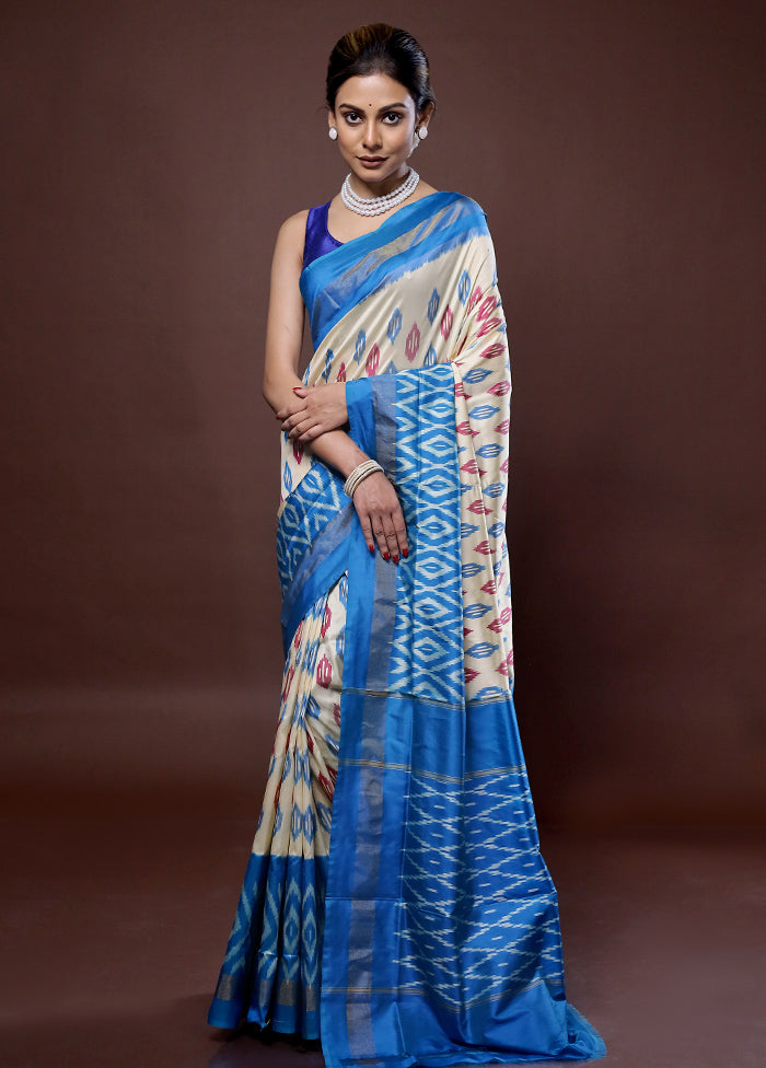 Cream Ikkat Pure Silk Saree With Blouse Piece - Indian Silk House Agencies