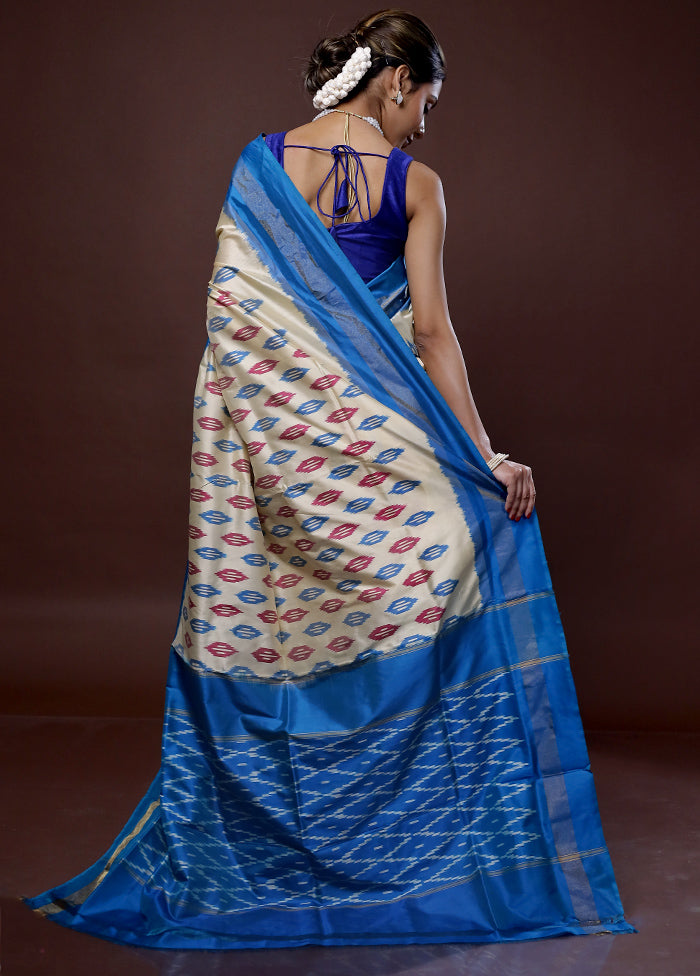 Cream Ikkat Pure Silk Saree With Blouse Piece - Indian Silk House Agencies