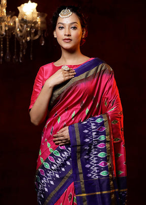 Pink Handloom Ikkat Pure Silk Saree With Blouse Piece