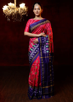 Pink Handloom Ikkat Pure Silk Saree With Blouse Piece