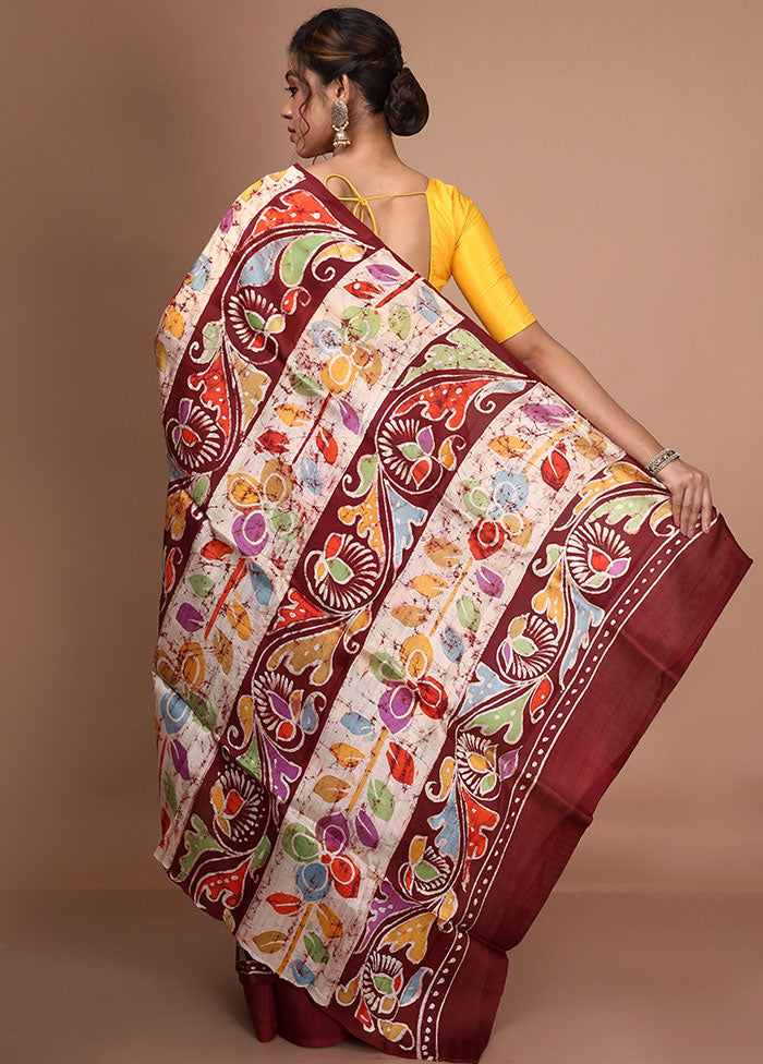 Maroon Pure Batik Printed Silk Saree With Blouse Piece - Indian Silk House Agencies