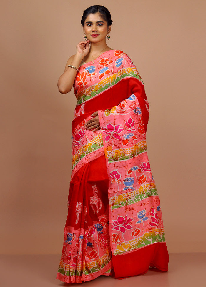 Red Printed Pure Silk Saree With Blouse Piece - Indian Silk House Agencies