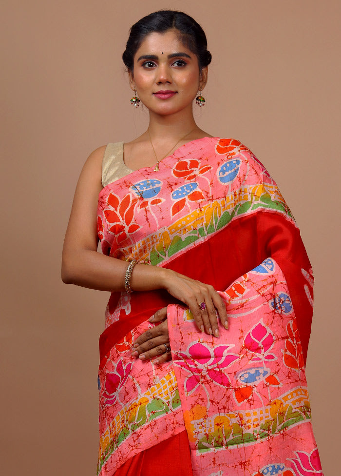 Red Printed Pure Silk Saree With Blouse Piece - Indian Silk House Agencies