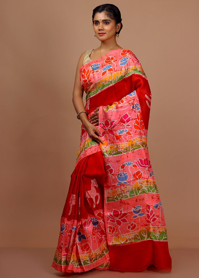 Red Printed Pure Silk Saree With Blouse Piece - Indian Silk House Agencies