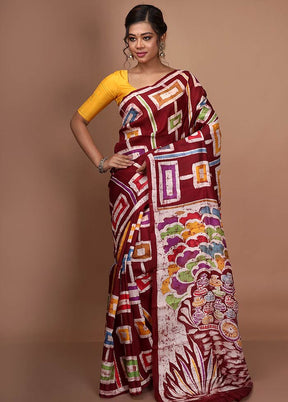 Maroon Pure Batik Printed Silk Saree With Blouse Piece - Indian Silk House Agencies