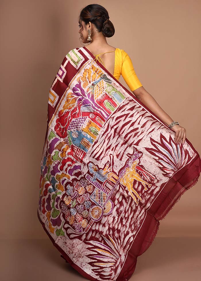 Maroon Pure Batik Printed Silk Saree With Blouse Piece - Indian Silk House Agencies