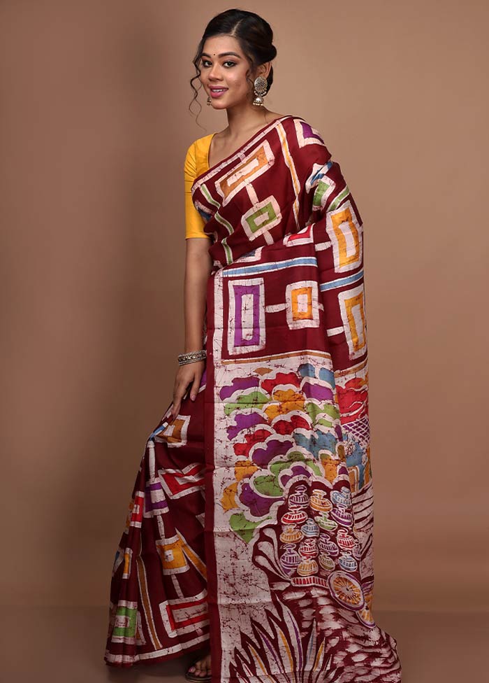 Maroon Pure Batik Printed Silk Saree With Blouse Piece - Indian Silk House Agencies