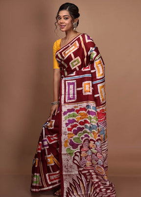 Maroon Pure Batik Printed Silk Saree With Blouse Piece - Indian Silk House Agencies