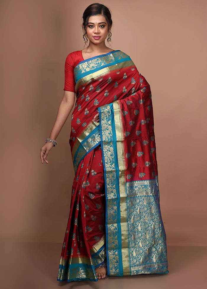 Maroon Kanjivaram Silk Saree With Blouse Piece - Indian Silk House Agencies