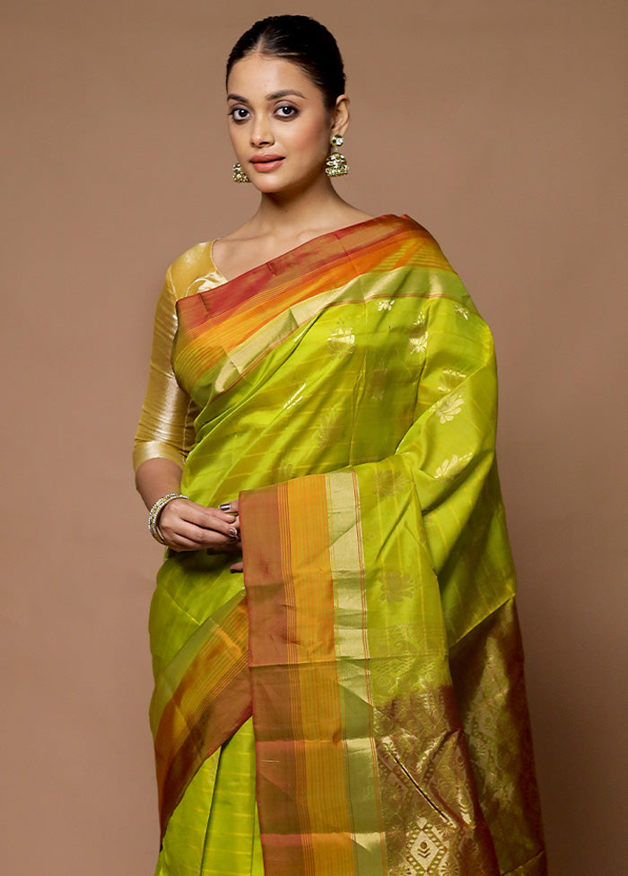 Green Handloom Kanjivaram Pure Silk Saree With Blouse Piece