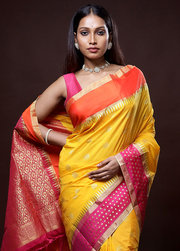 Yellow Kanjivaram Silk Saree Without Blouse Piece - Indian Silk House Agencies