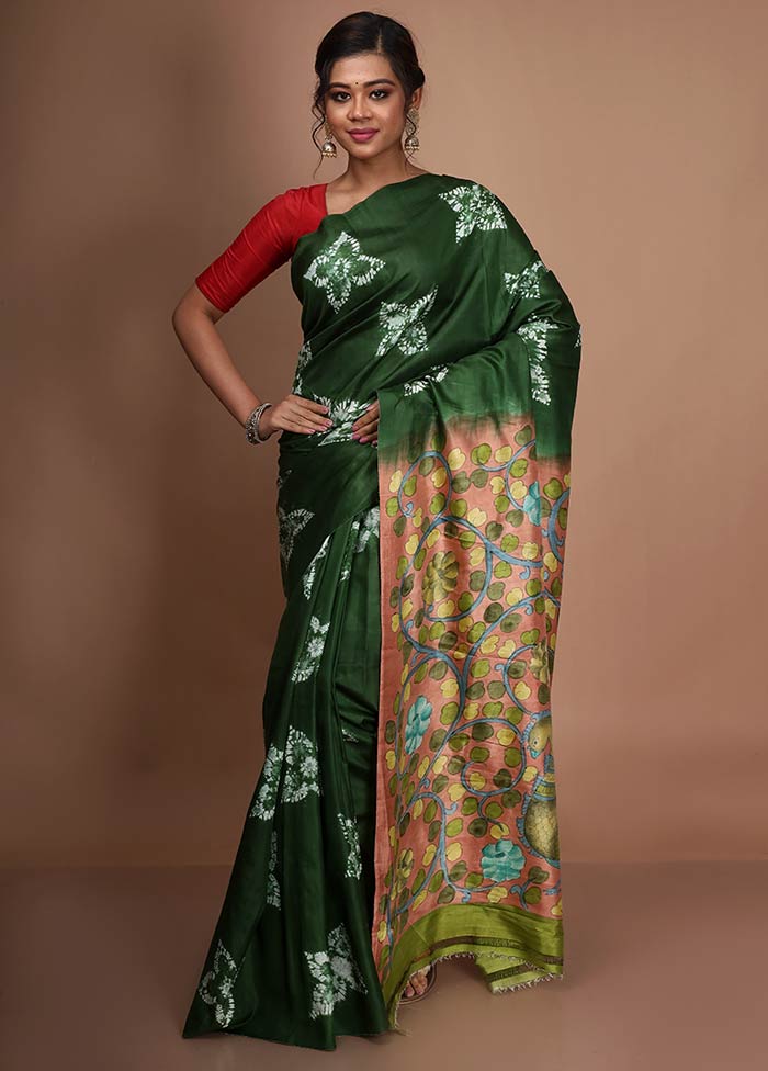 Green Tie And Dye Pure Silk Saree With Blouse Piece - Indian Silk House Agencies