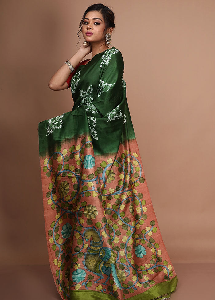 Green Tie And Dye Pure Silk Saree With Blouse Piece - Indian Silk House Agencies