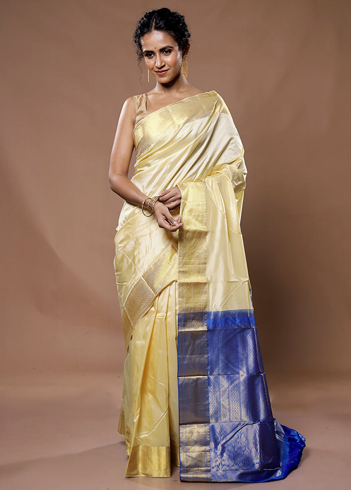 Cream Kanjivaram Pure Silk Saree With Blouse Piece - Indian Silk House Agencies