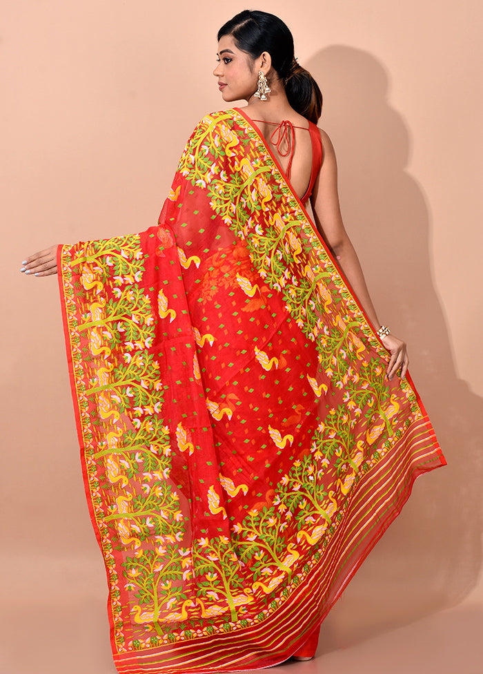 Red Tant Jamdani Saree Without Blouse Piece - Indian Silk House Agencies