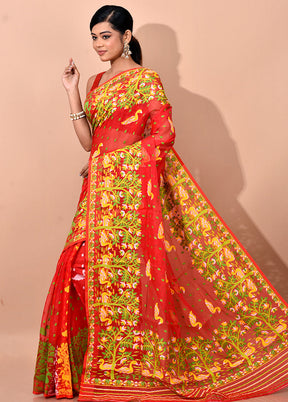 Red Tant Jamdani Saree Without Blouse Piece - Indian Silk House Agencies