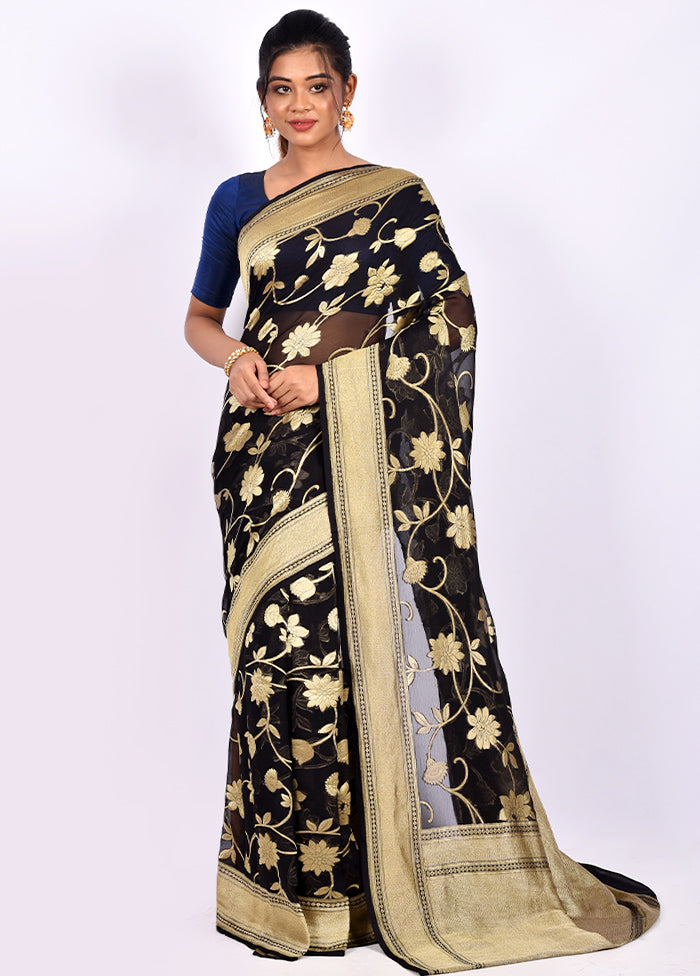 Black Pure Georgette Saree With Blouse Piece - Indian Silk House Agencies