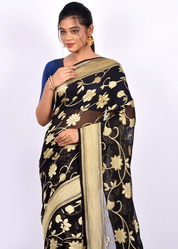 Black Pure Georgette Saree With Blouse Piece - Indian Silk House Agencies