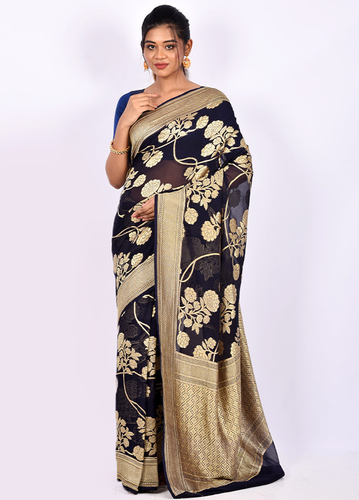 Midnight Blue Pure Georgette Saree With Blouse Piece - Indian Silk House Agencies