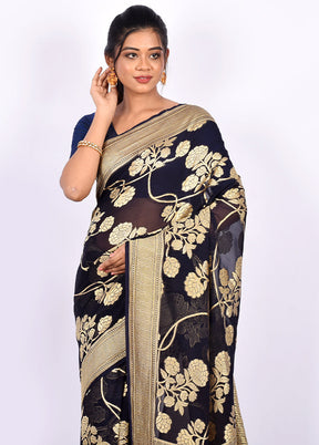 Midnight Blue Pure Georgette Saree With Blouse Piece - Indian Silk House Agencies