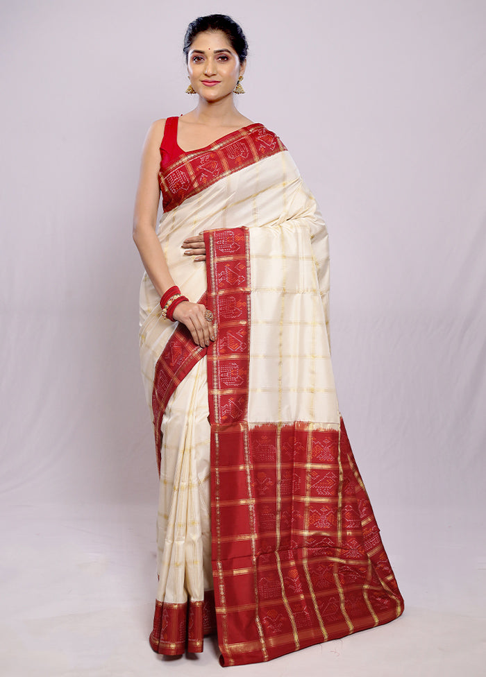 Cream Ikkat Pure Silk Saree With Blouse Piece - Indian Silk House Agencies