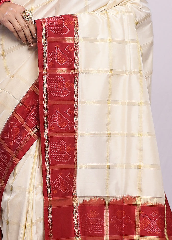 Cream Ikkat Pure Silk Saree With Blouse Piece - Indian Silk House Agencies