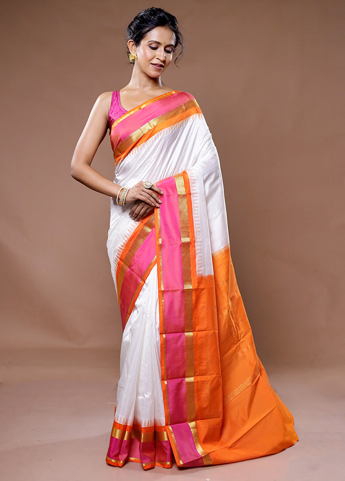 White Kanjivaram Pure Silk Saree With Blouse Piece - Indian Silk House Agencies