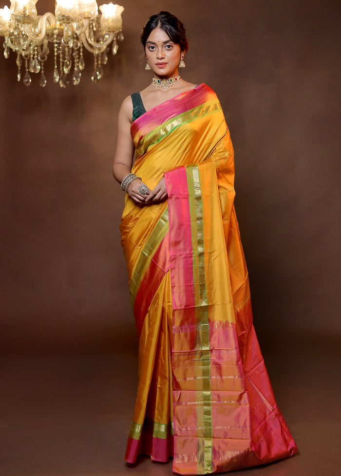 Yellow Handloom Kanjivaram Pure Silk Saree With Blouse Piece