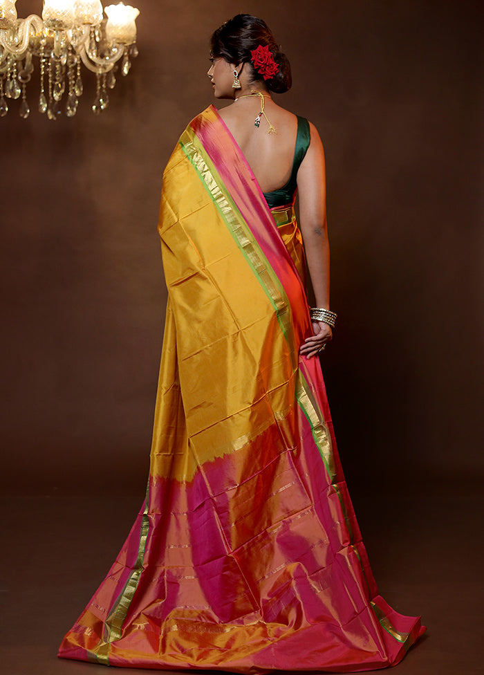 Yellow Handloom Kanjivaram Pure Silk Saree With Blouse Piece