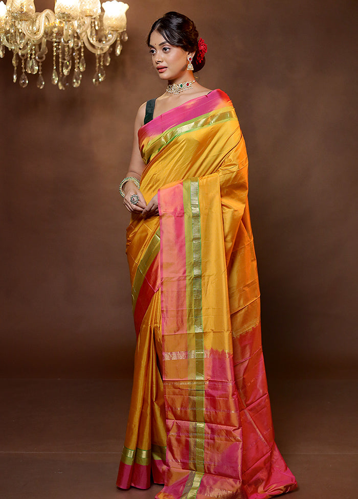 Yellow Handloom Kanjivaram Pure Silk Saree With Blouse Piece