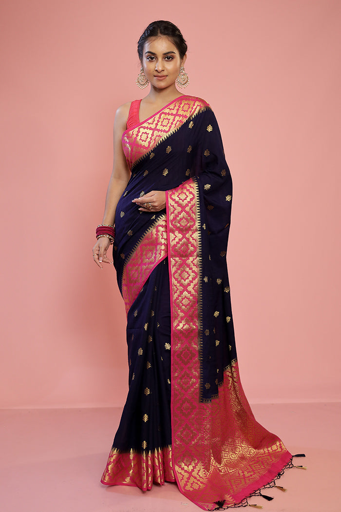 Blue Dupion Silk Saree With Blouse Piece - Indian Silk House Agencies