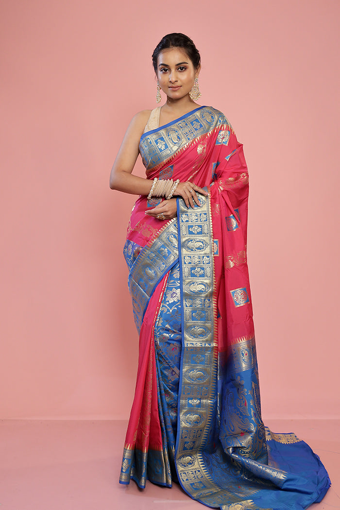 Pink Kanjivaram Silk Saree With Blouse Piece - Indian Silk House Agencies