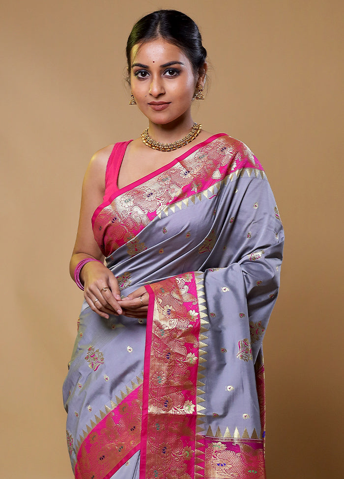 Grey Kanjivaram Silk Saree With Blouse Piece