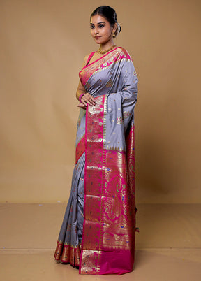 Grey Kanjivaram Silk Saree With Blouse Piece