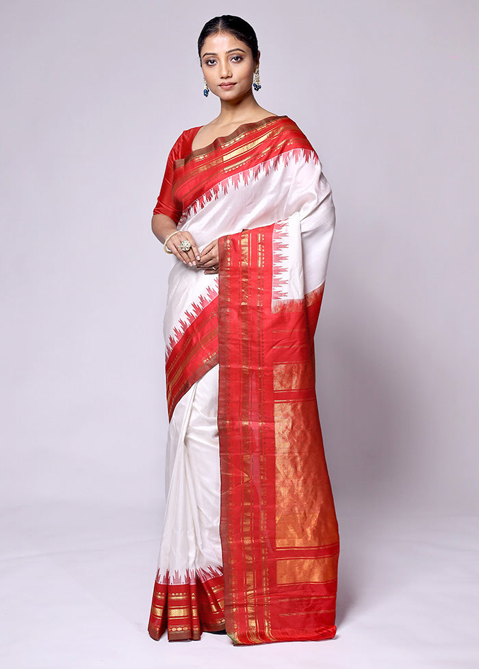 White Gadwal Pure Silk Saree Without Blouse Piece