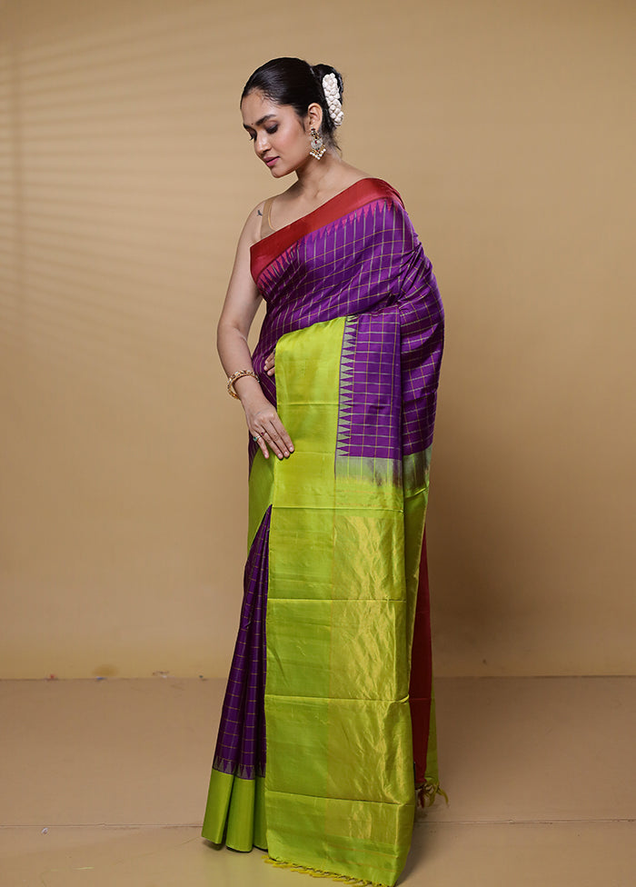 Purple Gadwal Pure Silk Saree Without Blouse Piece