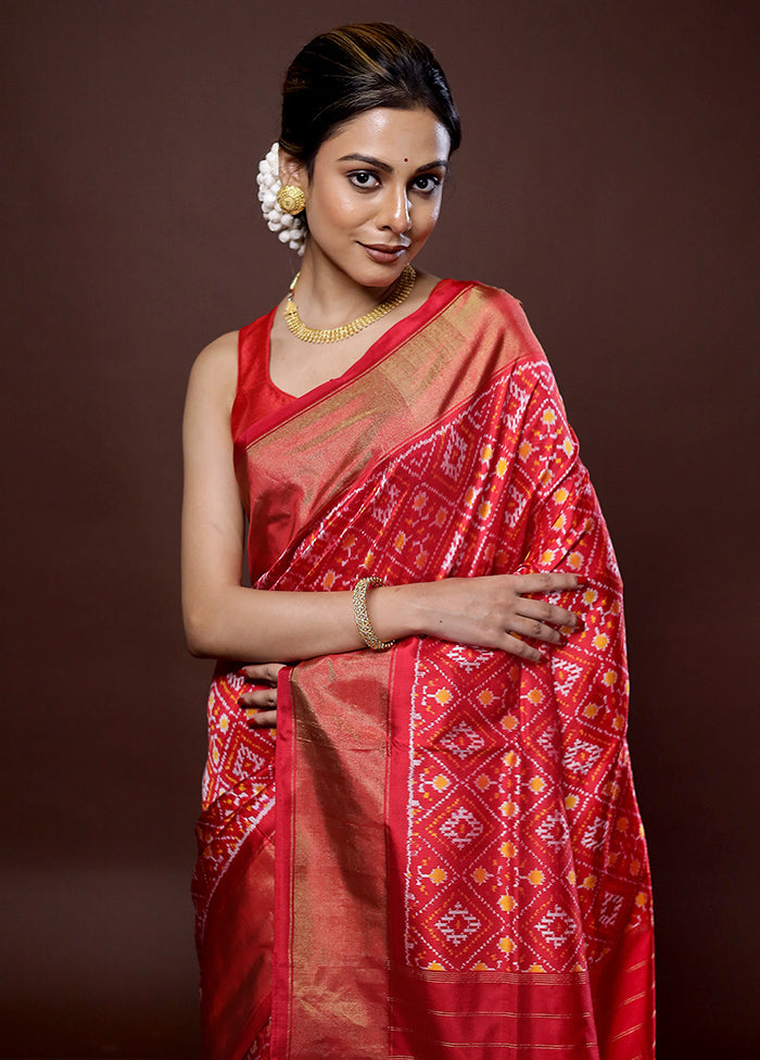 Red Ikkat Pure Silk Saree With Blouse Piece - Indian Silk House Agencies