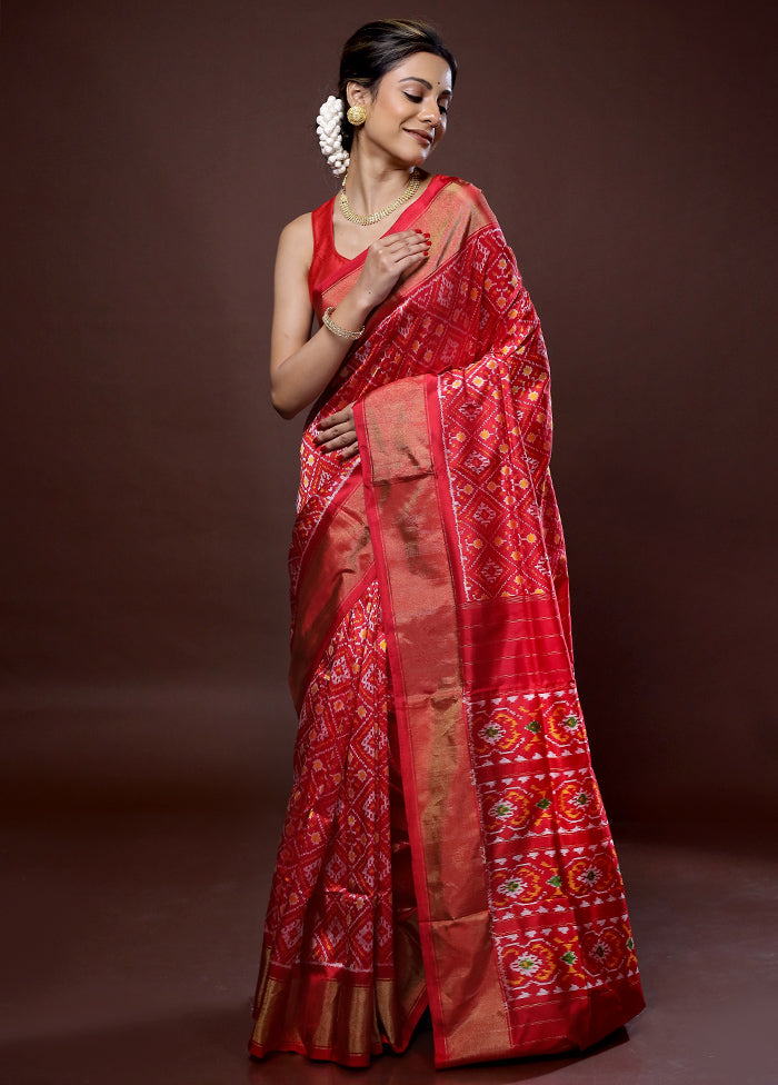 Red Ikkat Pure Silk Saree With Blouse Piece - Indian Silk House Agencies