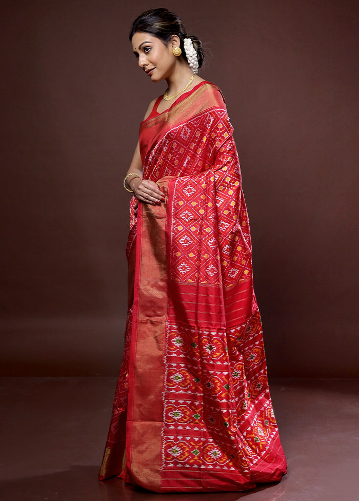 Red Ikkat Pure Silk Saree With Blouse Piece - Indian Silk House Agencies