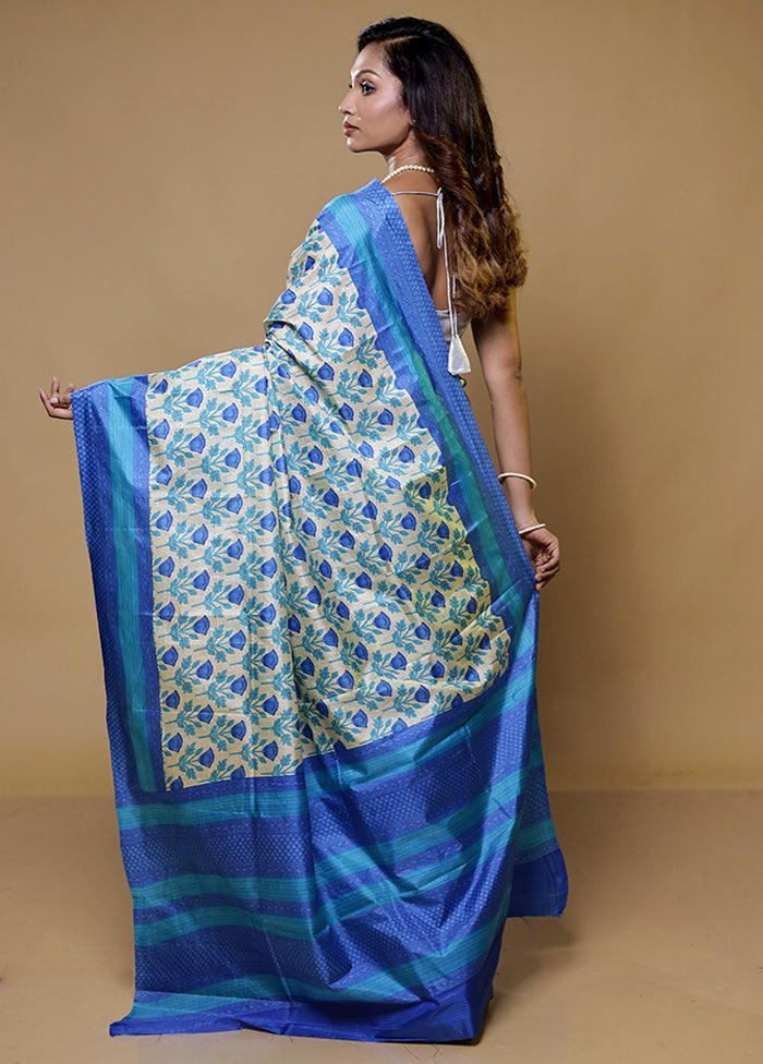 Cream Printed Silk Saree Without Blouse Piece