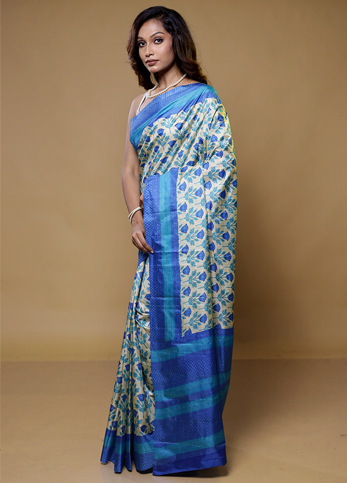 Cream Printed Silk Saree Without Blouse Piece