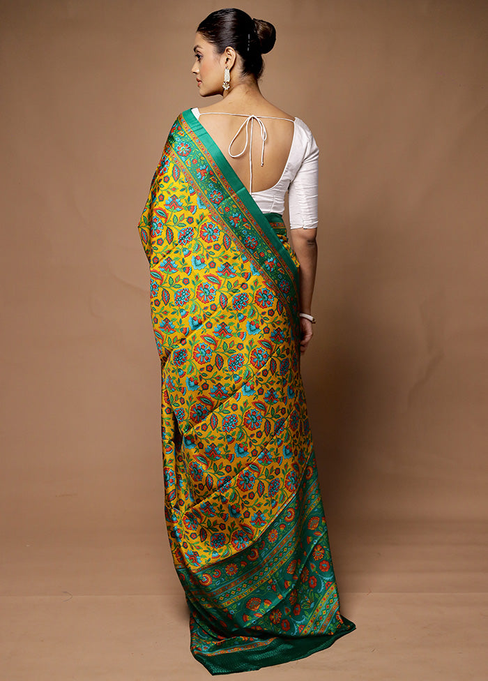 Yellow Printed Pure Silk Saree Without Blouse Piece