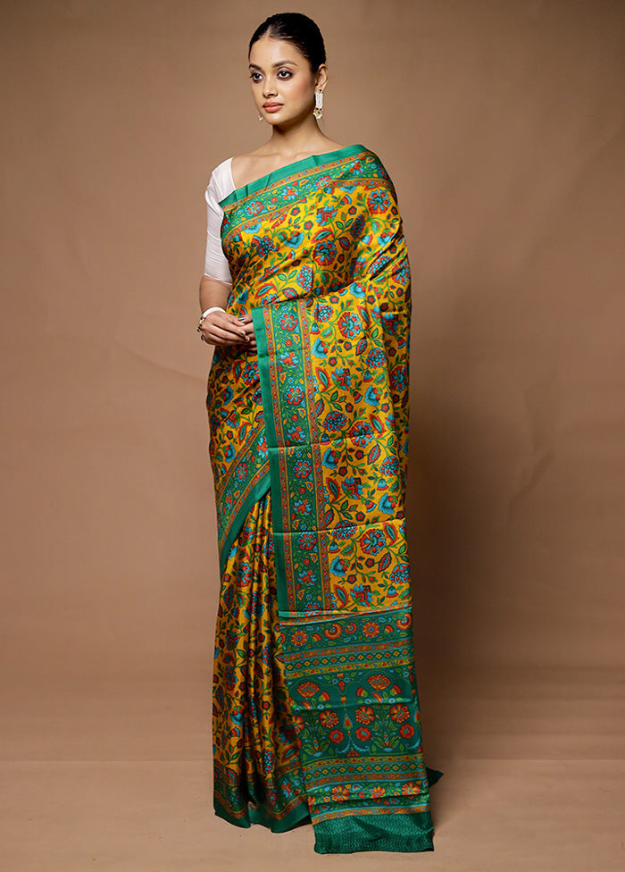 Yellow Printed Pure Silk Saree Without Blouse Piece