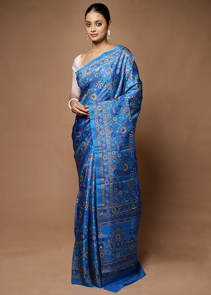 Blue Printed Pure Silk Saree Without Blouse Piece