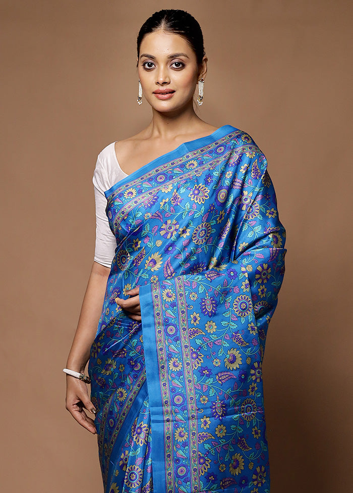 Blue Printed Pure Silk Saree Without Blouse Piece