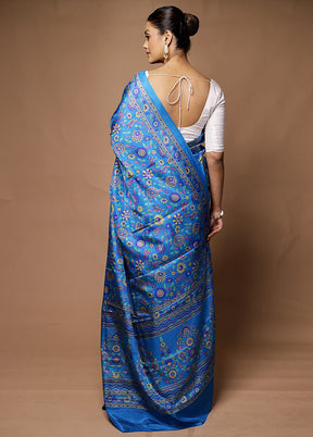 Blue Printed Pure Silk Saree Without Blouse Piece